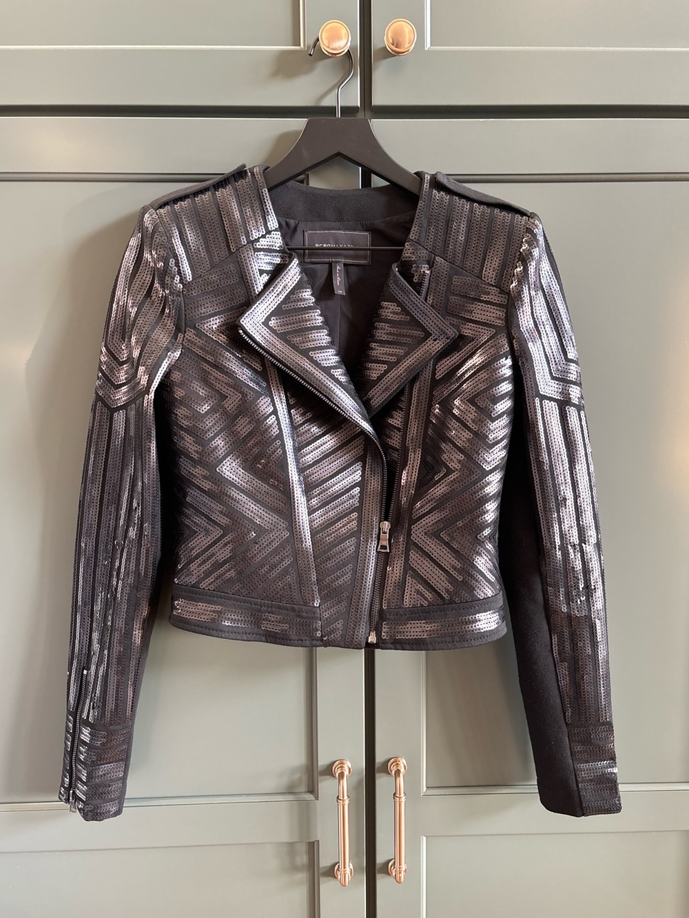 BCBGMAXAZRIA SUVI Moto Jacket, Sequin, Glam, Black/Silver, Shoulder Pads, XS